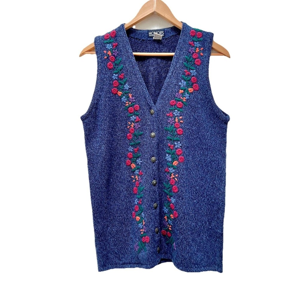 Vintage Honors Floral Embroidered Knit Vest Sleeveless‎ Cottagecore Blue